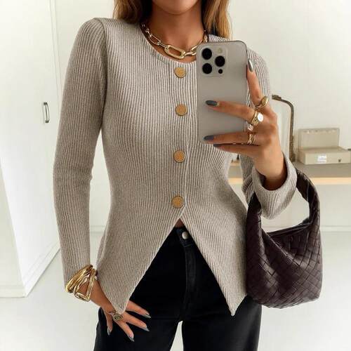 Metal Buckle Striped Fitted Short Knit Cardigan Park Walk