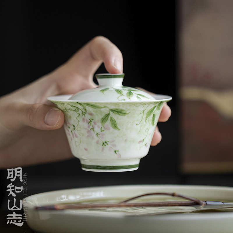 明知山志 玉泥盎然春意高歌盖碗 手绘白瓷陶瓷盖碗功夫茶具泡茶碗