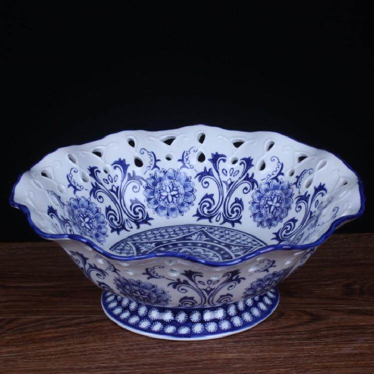 陶瓷水果盘干果点心盆现代欧式客厅茶几高脚陶瓷果盘时尚青花瓷