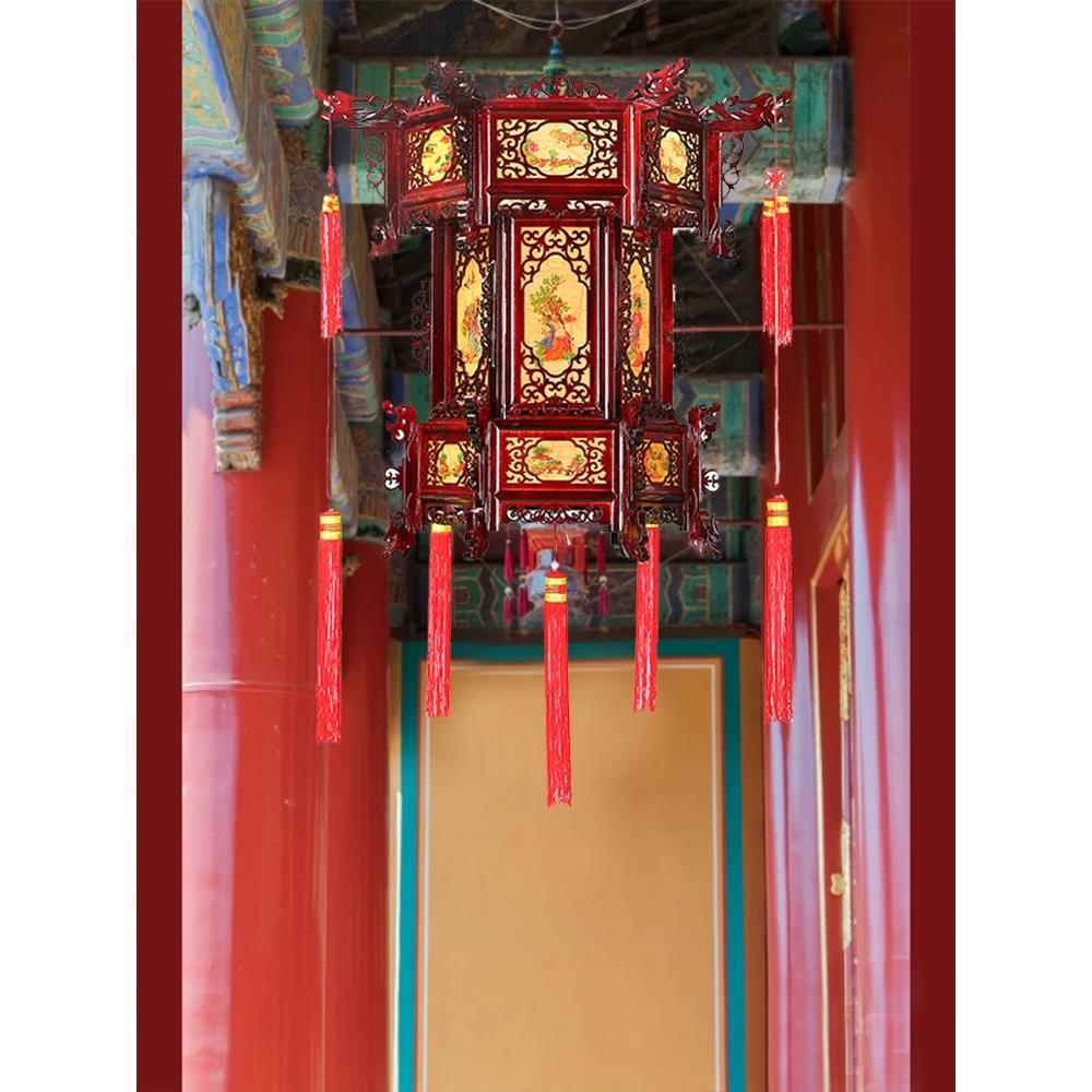 中式彷古六角实木宫灯寺庙祠堂吊灯黄八仙广告阳台过年灯笼挂饰