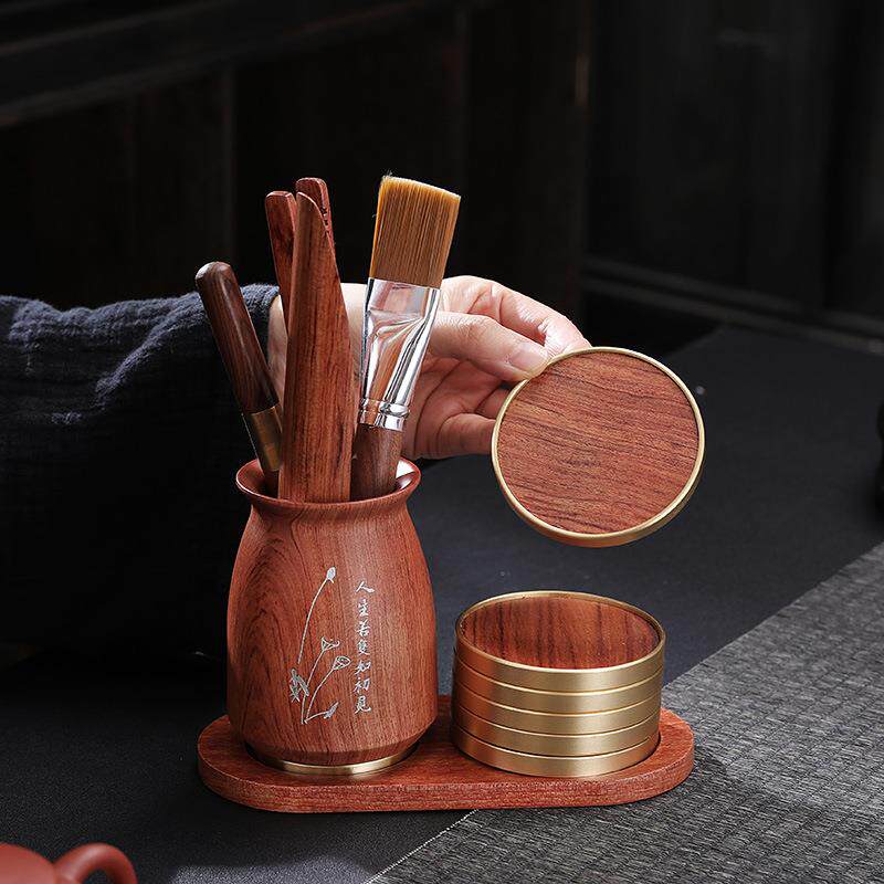 黑檀木花梨木茶道六君子杯垫套装茶具配件套装茶艺泡茶工具大全