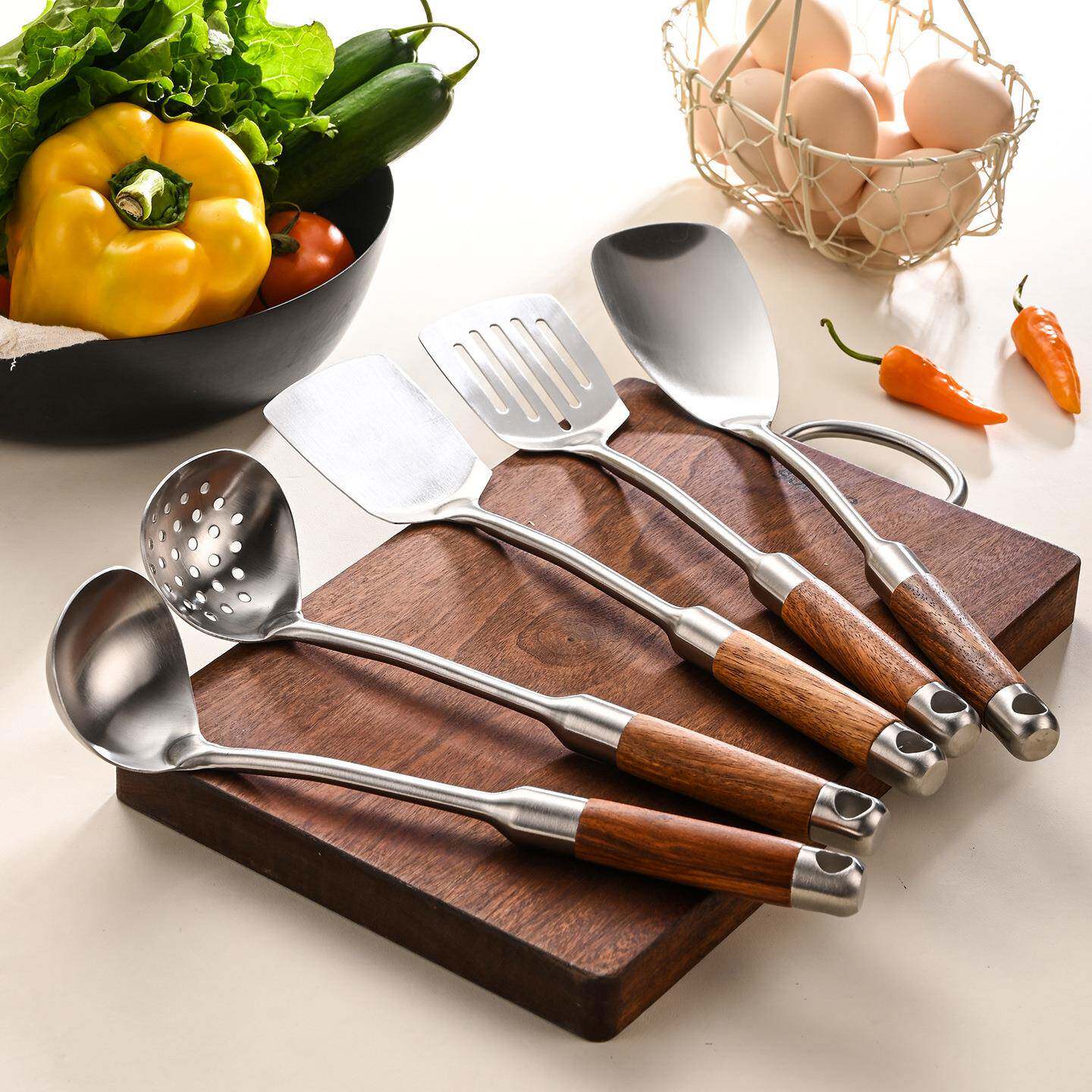 不锈钢小锅铲迷你漏勺小汤勺饭勺厨房家用防烫木柄短炒菜铲子