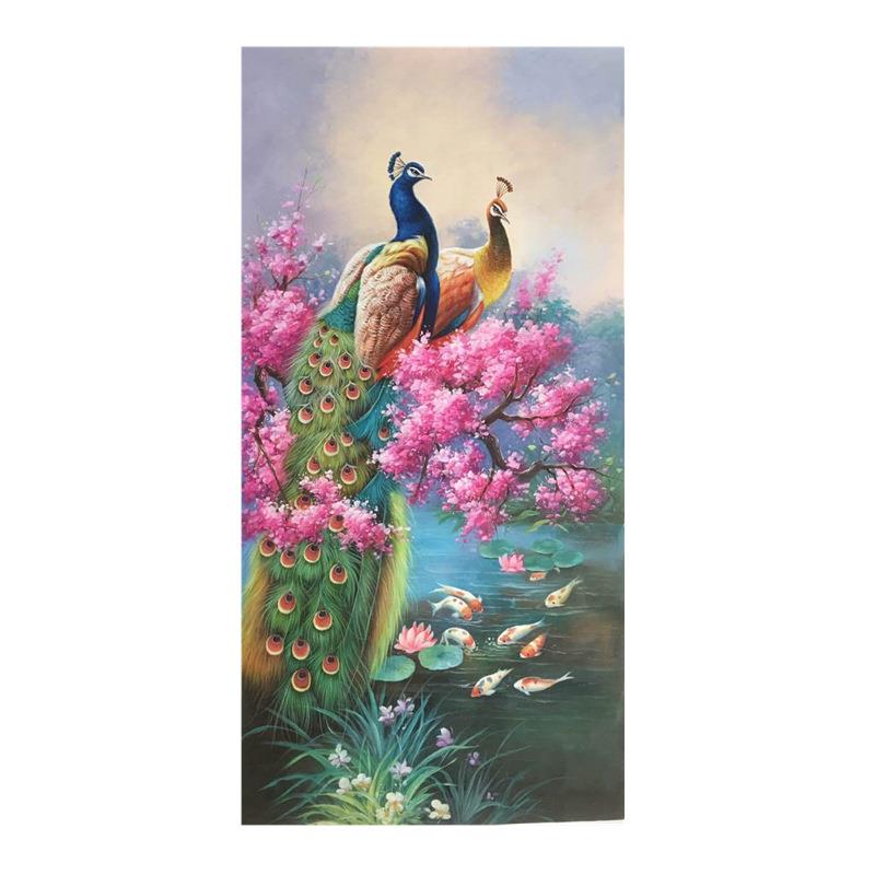 手工油画 招财孔雀装饰画 入户玄关竖画 厂家直销纯手绘