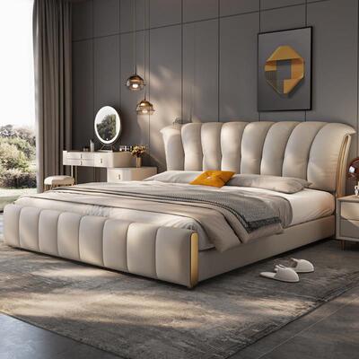 2025新款轻奢真皮床现代简约高端豪华实木主卧室2米羽绒软包婚床