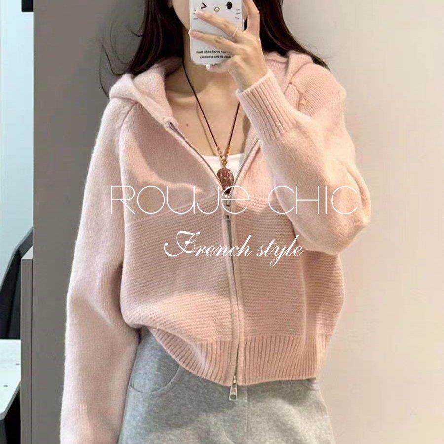 法国rouje chic秋季法式粉色甜美减龄拉链连帽针织开衫别致外套女