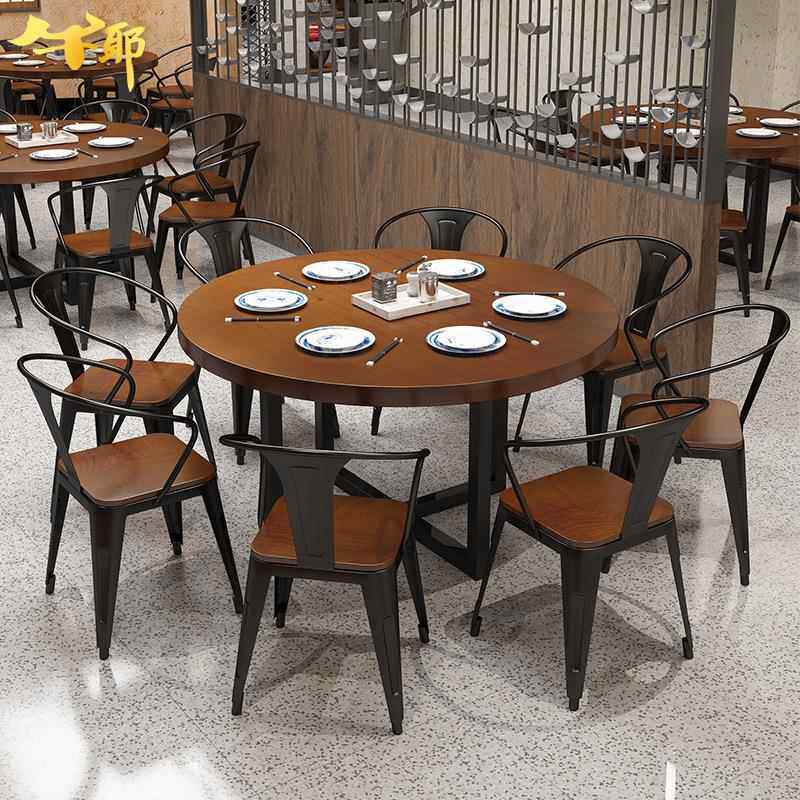 新款直销loft工业风铁艺实木圆桌餐厅烧烤店圆桌椅组合复古包厢餐