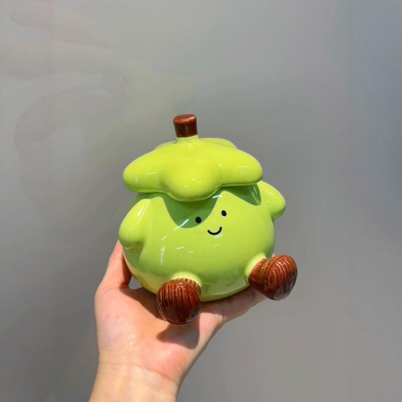 茄子敦敦杯陶瓷勺杯带盖可爱的短腿小茶杯办公室高看咖啡杯.