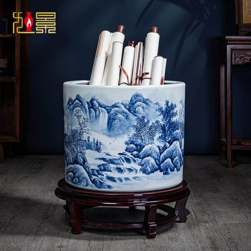景德镇陶瓷器青花瓷书画 画缸卷轴缸客厅手绘花瓶书房字画 画收纳