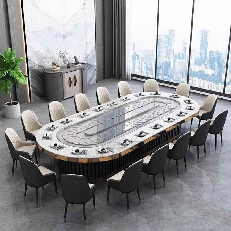 酒店椭圆形岩板电动餐桌输送带自动旋转长方形电磁炉火锅宴会桌