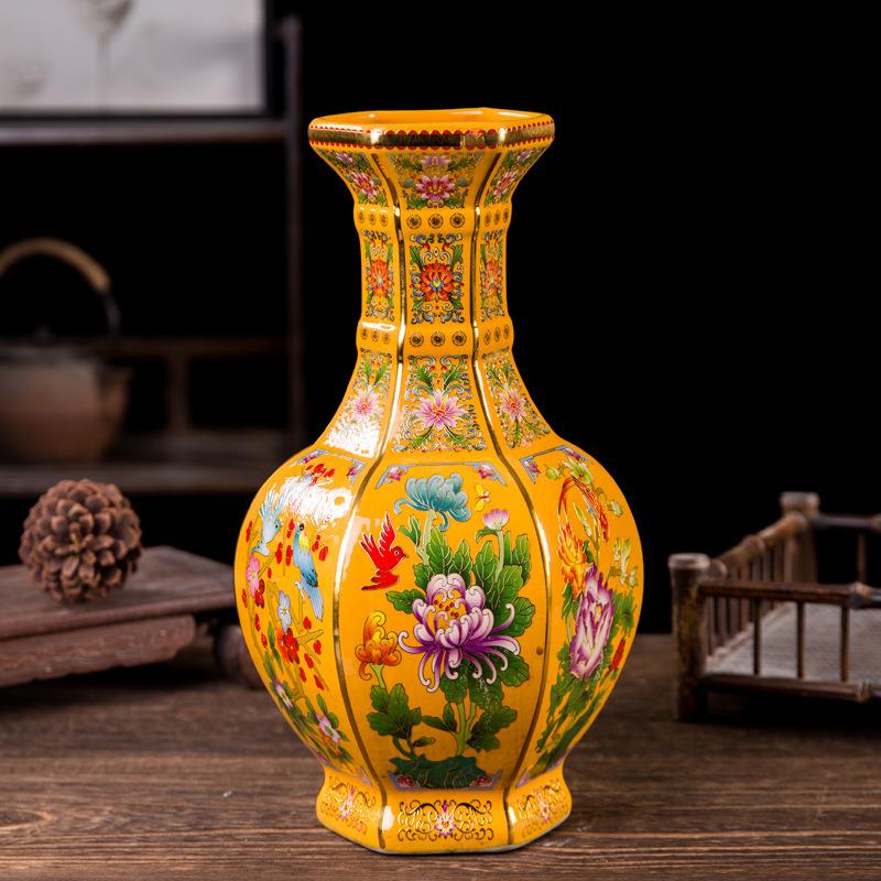 珐琅彩夜光六方瓶景德镇中式陶瓷花瓶家居客厅瓷器工艺品摆件