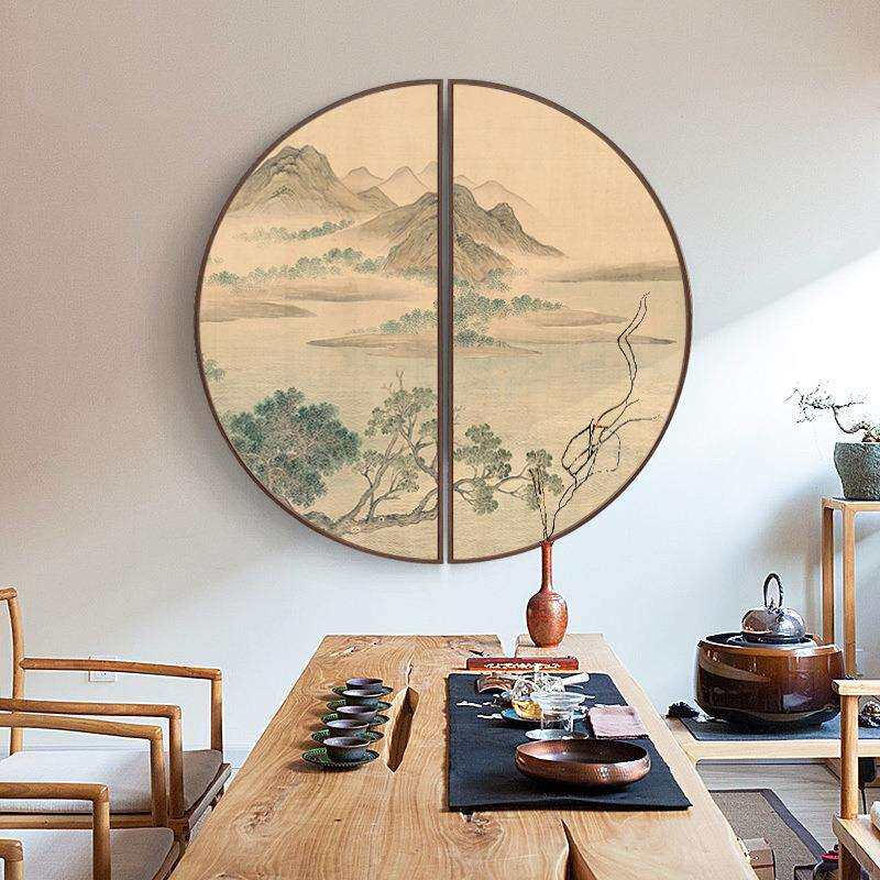 山栖谷隐新中式餐厅装饰画山水画禅意玄关挂画双半圆形工笔画壁画
