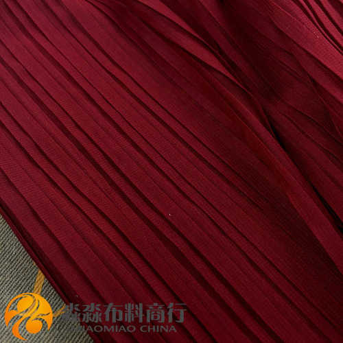 新款春夏服装工字褶布料 酒红色风琴百褶压皱雪纺 连衣裙子面料