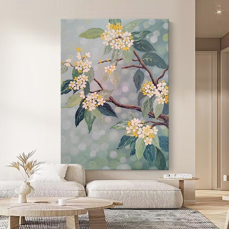 网红奶画油风花枝纯头手绘油画厅餐厅装饰树叶玄关客桂肌理艺术挂图片
