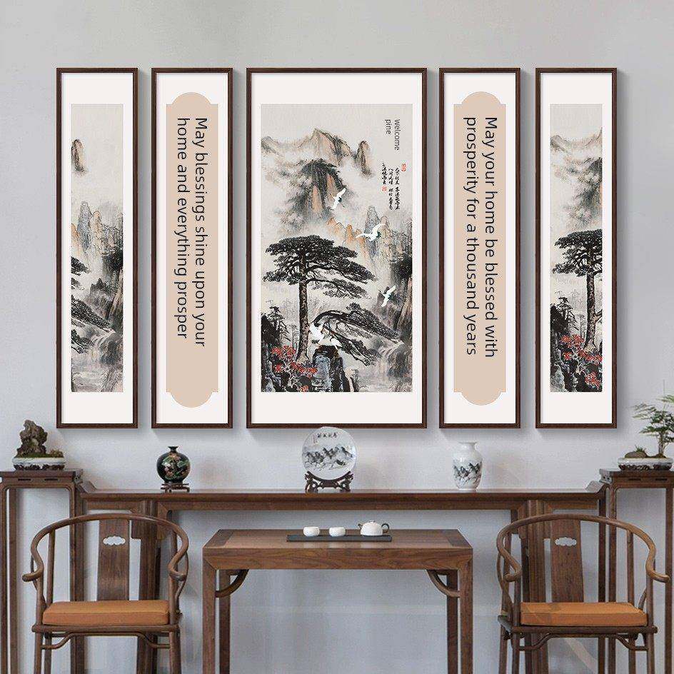 农村大厅中堂画客厅挂画堂屋大气镇宅五联装饰画迎客松靠山水壁画
