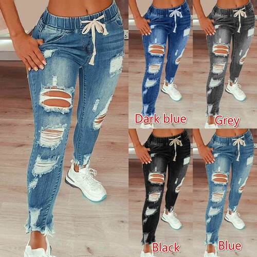 Color Waist Ripped Jeans Casual Pants Daily Wear Women