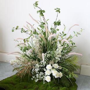 芦苇草丛造景布置酒店橱窗拍照布置园景水池青苔插花绿植花丛