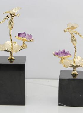 新中式轻奢高档金色荷花摆件客厅酒柜电视柜书柜招财紫晶装饰品