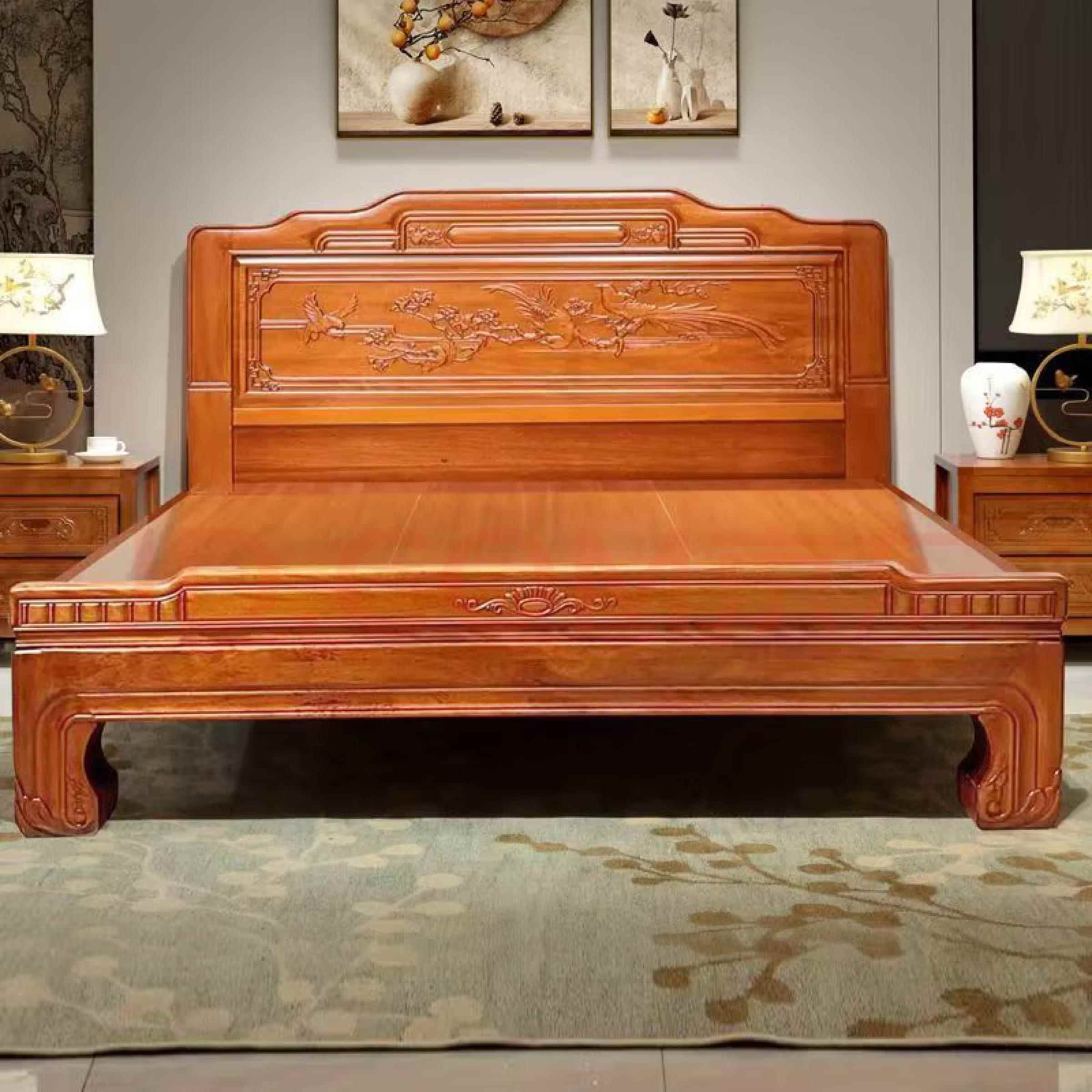 中式金花梨木实木床2米x2米2老虎脚床榫卯结构雕花1.8米双人床Z