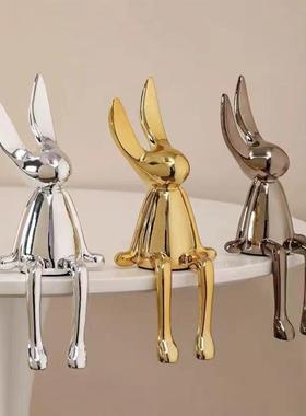 简约轻奢创意电镀银金蓝色坐姿动物兔子摆件树脂家居软装饰工艺品