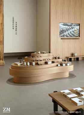 多层中岛台异形茶室器皿展示柜咖啡厅文创特产旅游商品陈列流水台