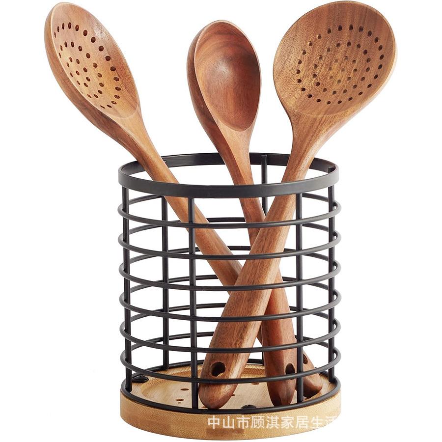 厨房柜台刀叉餐具盒实木烹饪工具架圆形锅铲收纳整理盒收纳桶