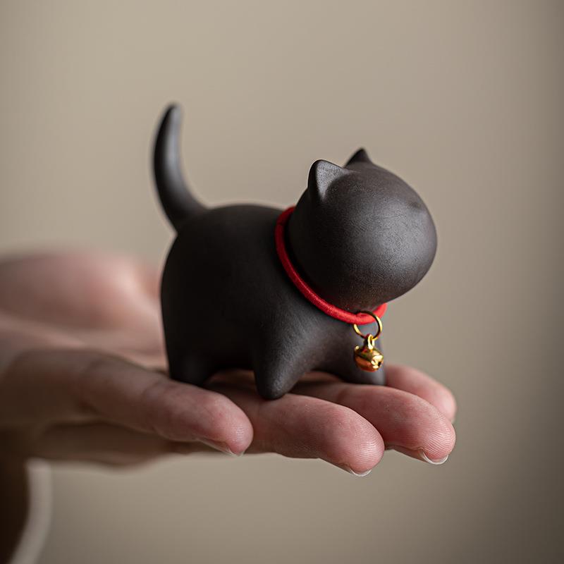 紫砂萌猫带铃铛茶宠可爱小摆件茶桌茶玩功夫茶具饰品笔架笔搁送礼