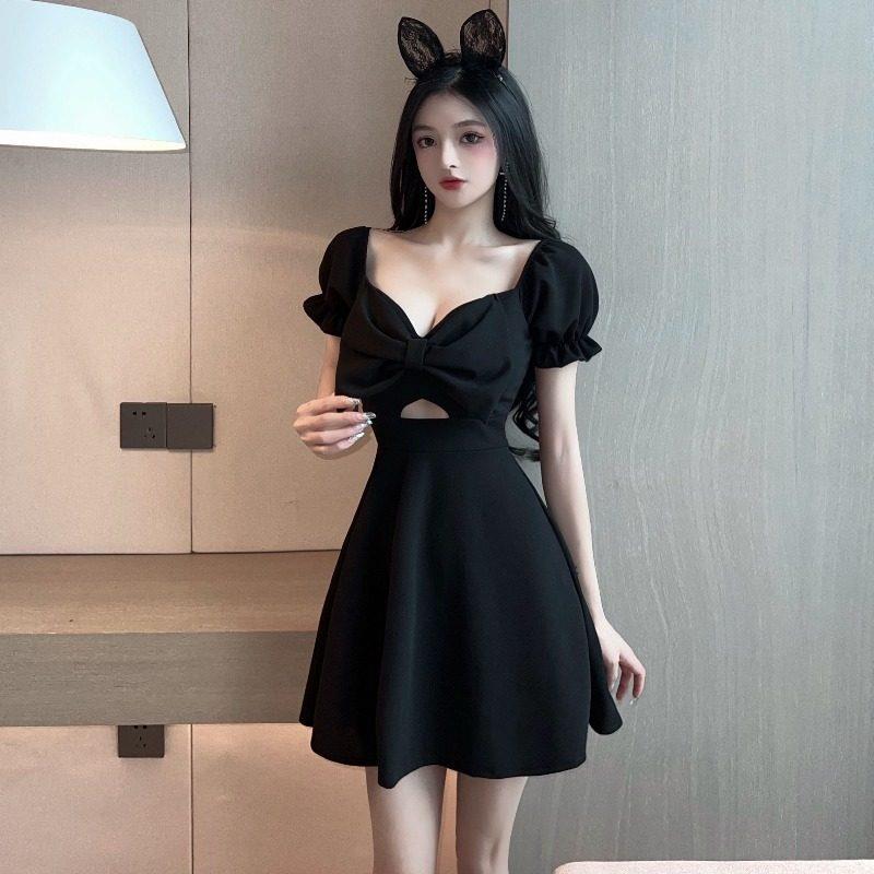 性感暴露女子低胸夜总会工作裙立体大蝴蝶结拼接泡芙袖连衣裙夏天
