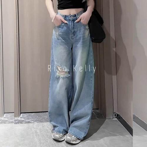 Rixo Kelly破洞直筒牛仔裤子高腰宽松显瘦阔腿裤女小个子拖地长裤