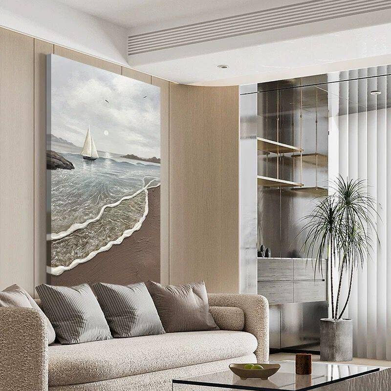 油画纯手工手绘海景日出客厅玄关装饰画高档立体肌理一帆风顺入户