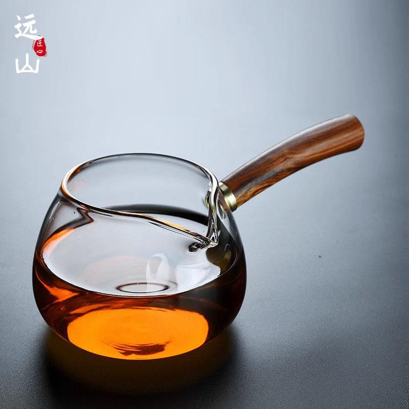 侧把公道杯大号泡茶功夫分茶器茶漏滤茶器带过滤网玻璃木把公杯茶
