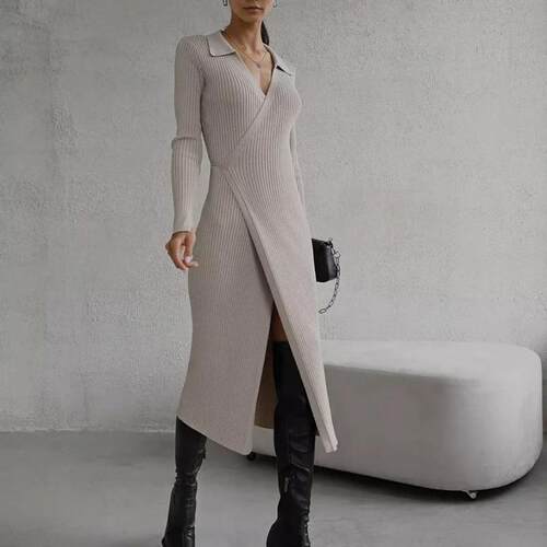 Woolen dress, women's lace up long sleeved dress,