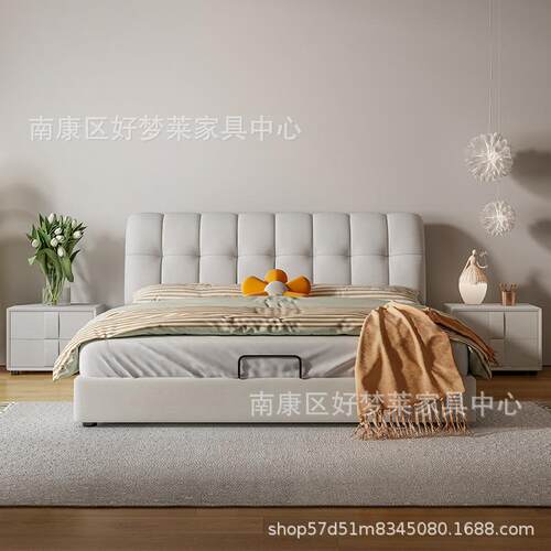 现代布艺皮床主卧双人婚床轻奢实木现代简约科技布床1.5米奶油风