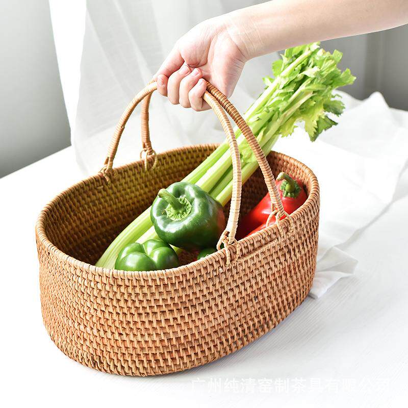 越南手工藤编野餐篮箱子手提杂物收纳篮家用果篮水果蔬菜购物篮批
