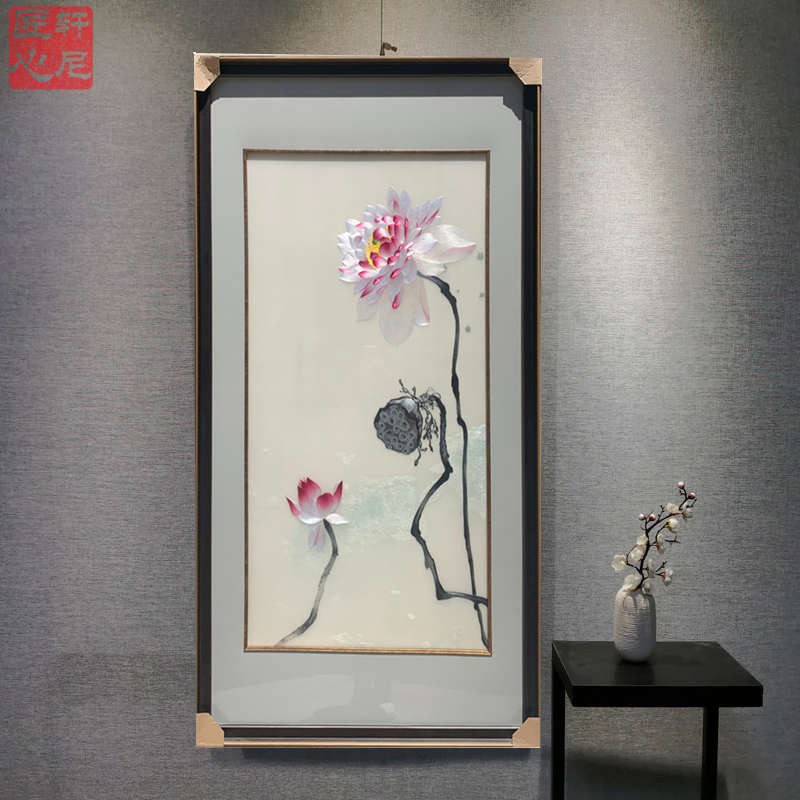 四丝纯手工苏绣刺绣荷花客厅玄关书房中式现代高端风格装饰挂画图片