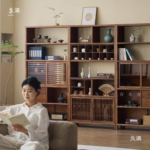 中新式tlznfglo木博古多宝阁茶室置架物架书柜老榆木展示柜黑实胡
