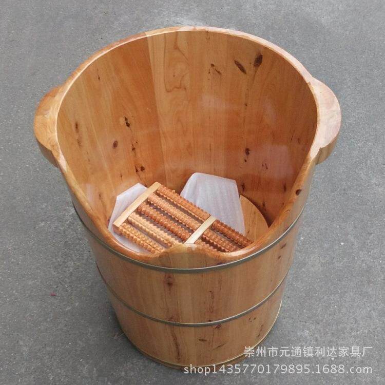 浴足店实木蒸足桶柏木加高带盖泡脚桶木质洗脚盆单边曲口泡脚木盆