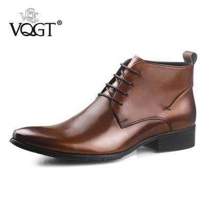 正品VQGT层牛皮皮靴英高帮皮鞋尖头靴子马加绒伦男靴真头皮短靴男