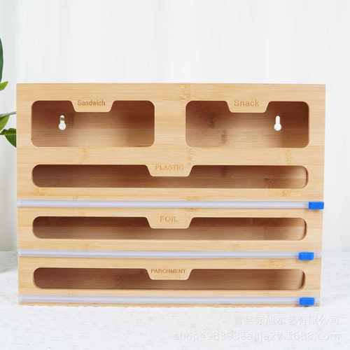 现货批发竹木抽屉式收纳盒锡箔纸保鲜膜切割器竹制保鲜膜收纳盒