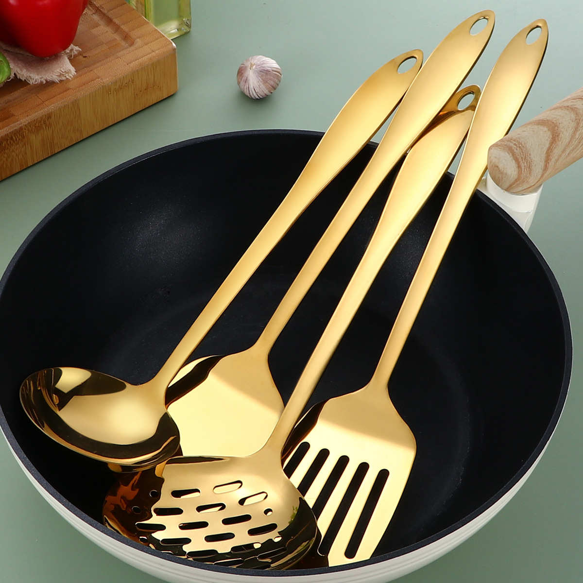 镀钛不锈钢厨具套装锅铲烹饪铲勺汤壳粉扒厨具筒漏铲8件套