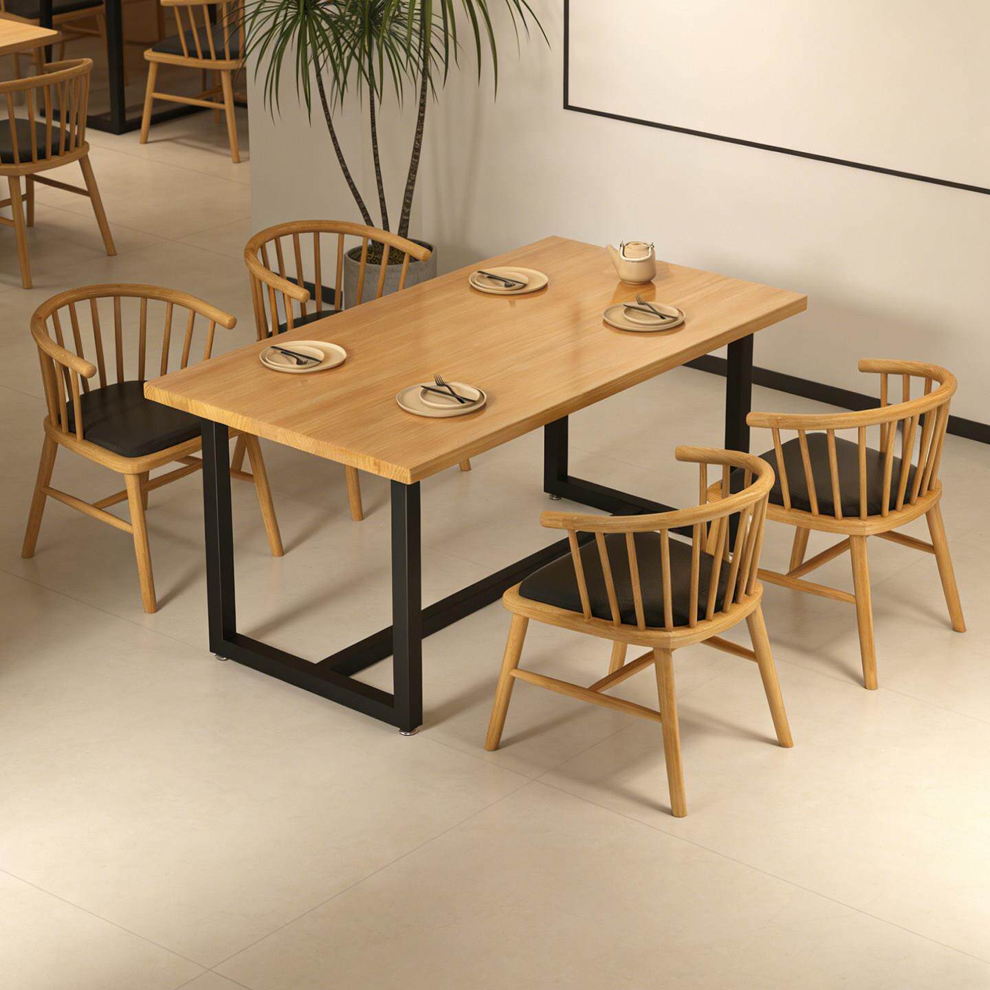 吃饭食堂餐厅实木铁艺餐桌奶茶咖啡酒馆下午茶长方形桌椅组合1035