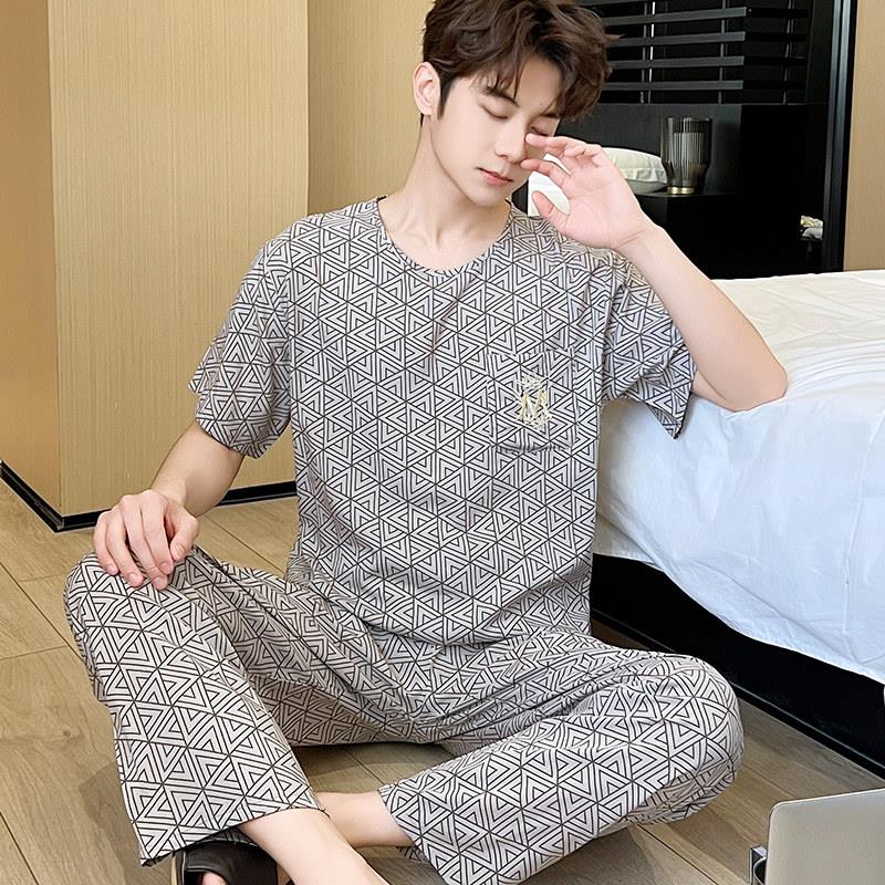 睡衣男人夏季绵绸短袖长裤夏天人造棉可外穿家居服棉绸套头套装薄