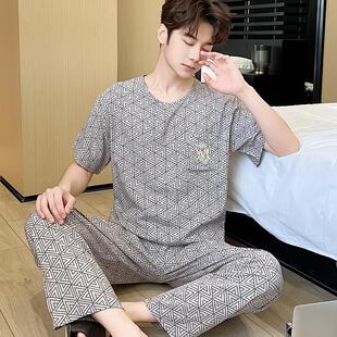 睡衣男人夏季绵绸短袖长裤夏天人造棉可外穿家居服棉绸套头套装薄