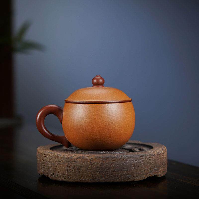 宜兴紫砂杯泡茶杯储立强段泥粉浆紫泥盖杯初月杯360cc带盖家用刻