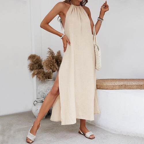 Womens Stunning Backless Halter Maxi Dress Elegant Split Hem