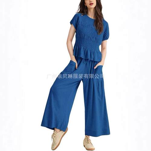Womens 2 Piece Outfits Smocked Short Sleeve Tops Wide Leg