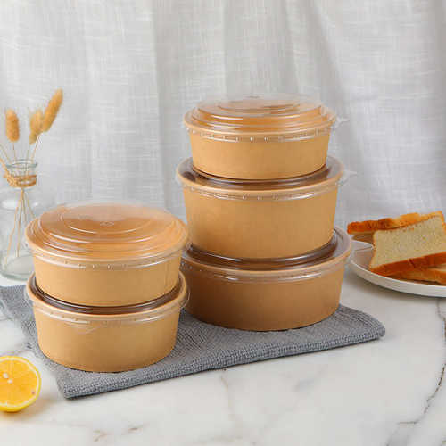 加厚一次性牛皮纸餐盒圆形沙拉碗纸碗外卖打包盒饭盒带盖现货批发