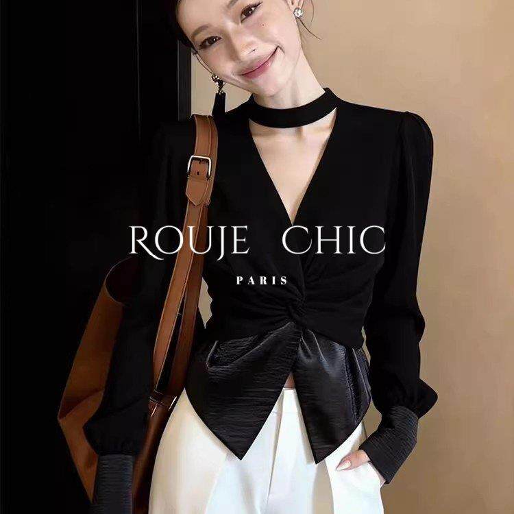 法国rouje chic法式黑色V领扭结开叉挂脖衬衫女设计感小众上衣