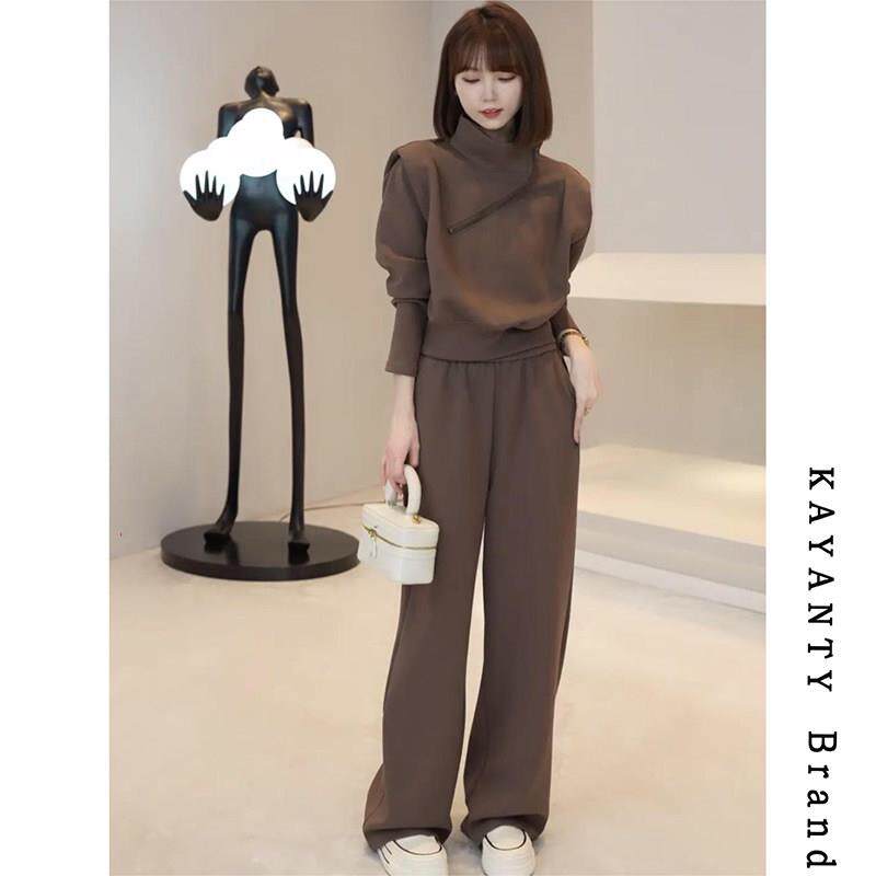 KAYANTY新款休闲卫衣套装女春秋时尚斜拉链骑士肩上衣裤子两件套