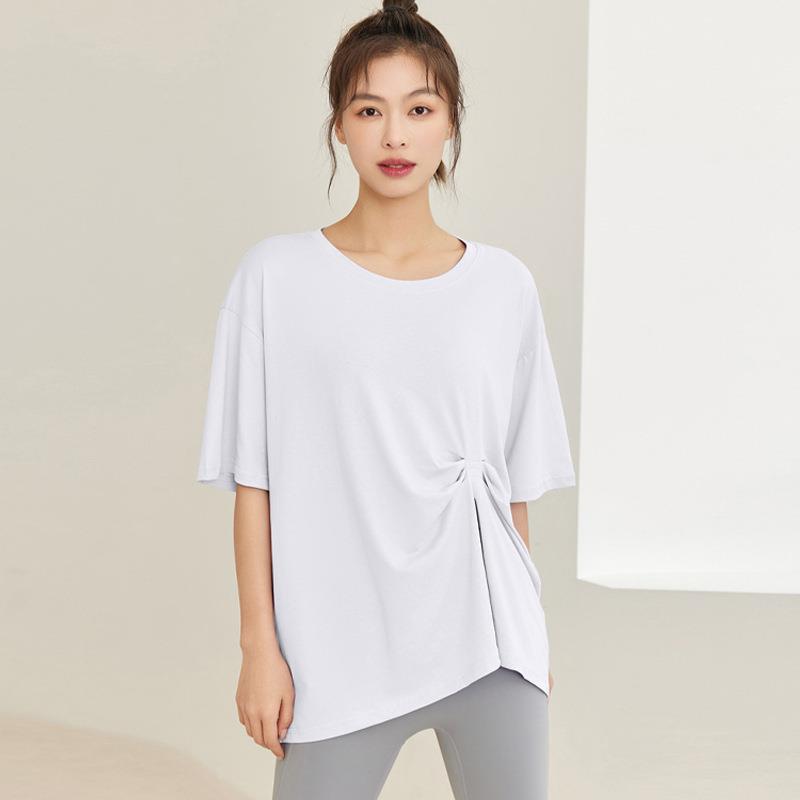 New loose split pleated sports T-shirt womens top