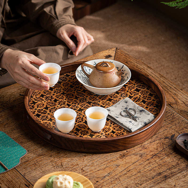 胡桃木茶盘收纳一体喝茶茶具收纳盘水果盘圆形杯子沥水托盘中古风,餐饮具,茶盘,淘宝优惠券,粉丝福利购,淘宝优惠卷